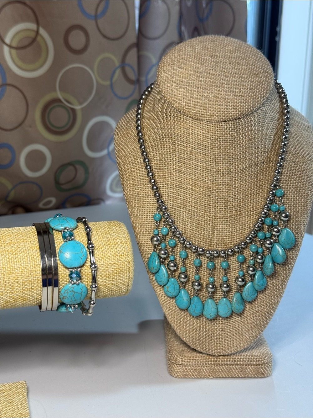 Faux Turquoise Bead Bib Necklace and Curated Bracelet Stack B9